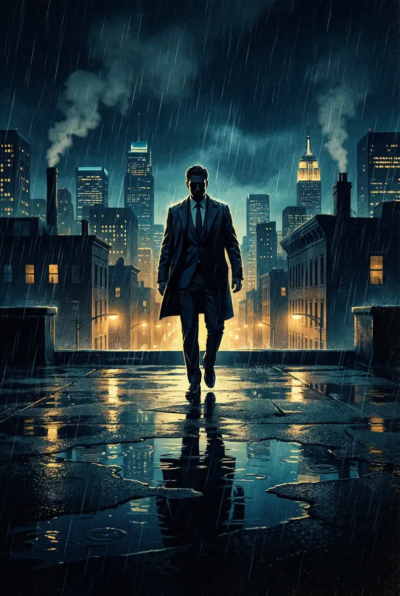 推动的近义词 出品影片《雨夜独行者》海报，雨中城市屋顶男性剪影